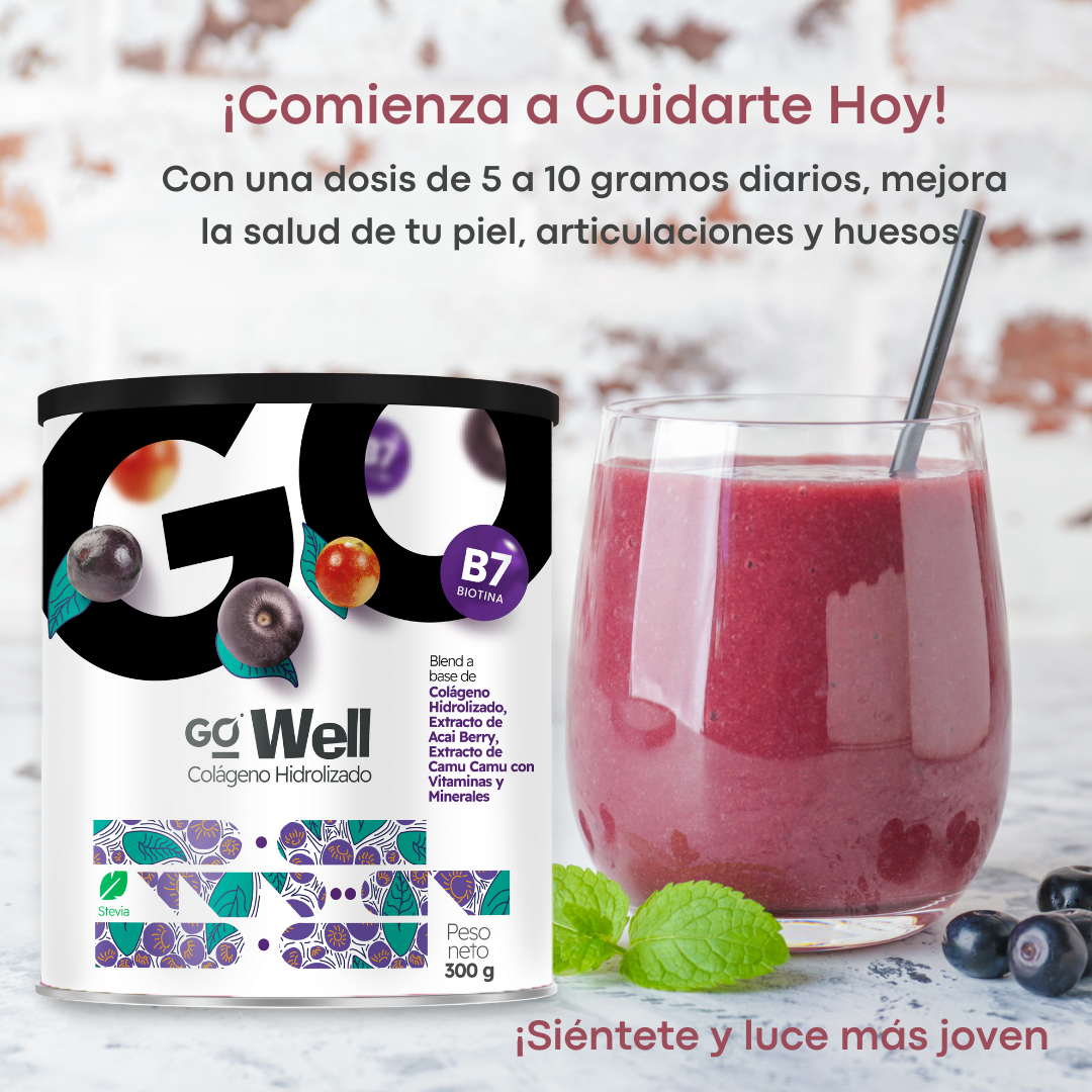 GoWell Colágeno Hidrolizado en Polvo Collagen Peptides (300g) - Con extracto de acaí y Vitamina C. Suplemento Articulaciones, Piel y Huesos. Colageno con Magnesio, Calcio, Zinc. Ideal para Dietas saludables.